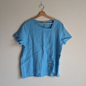 Sara Nicole Blue Linen Lagenlook Asymmetrical Hem Blouse Top Women's Size XL